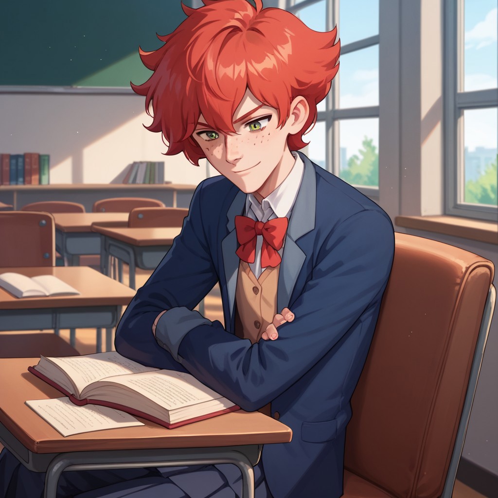 Score_9, Score_8_up, Score_7_up, snapdragon, red hair, short hair, freckles, green eyes, solo, 1boy, school uniform, indoors, school, sitting on a chair, reading a book, smirk,