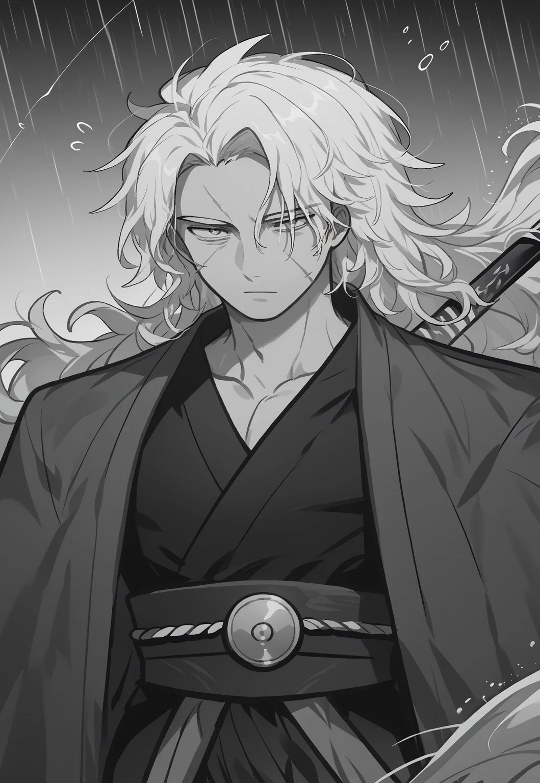score_9, score_8_up, score_7_up, source_anime, (Omoyu Style), 1boy, cowboy shot, flowing hair, windy, from front, samurai, looking at viewer, raining, black ink splash, grayscale, epic view, dynamic view, floating drops, mature male, scars, sheath, katana