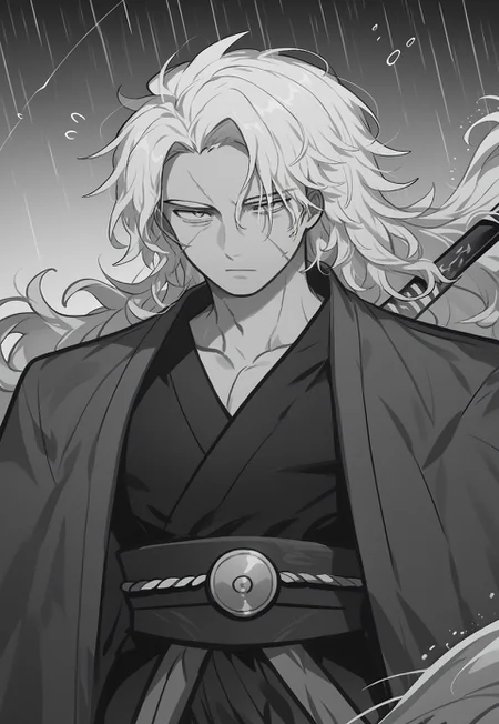 score_9, score_8_up, score_7_up, source_anime, (Omoyu Style), 1boy, cowboy shot, flowing hair, windy, from front, samurai, looking at viewer, raining, black ink splash, grayscale, epic view, dynamic view, floating drops, mature male, scars, sheath, katana