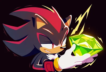<lora:sonicchannelv22-15:0.9>, <lora:Shadow_the_Hedgehog_-_Character_LoRA_for_Pony_XL:0.9>, sonic channel (style), score_9,score_8_up,score_7_up, solo, 1boy, pose, black background, darkness, shadow the hedgehog, white pupils, constricted pupils, trembling, sharp teeth, smile, black fur, white gloves, gold bracelet, glowing eyes, serious, holding gem, green gemstone, glowing gem, close-up, facing viewer, looking down, aura, sonic (series), upper body,