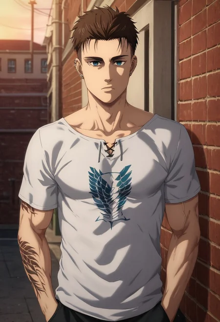 score_9, score_8_up, score_7_up, source_anime, rating_safe, intricate details, (photorealistic:0.6), looking at viewer, , 1boy, solo, male focus, <lora:eren_yeager_s4:0.96>, eren_yeager_s4, brown hair, blue eyes, adult face, small forehead, high fade haircut, very short hair, hair completely shaved on the sides, messy hair, stubble, asymmetrical, rooftop in a large city, body standing straight, lighting, day, sunny, beautiful, best render, realistic, white t-shirt, half-closed eyes, hands in pockets, <lora:Epic_tattoo_man:0.7, arms completely covered in tattoos>, muscular arms, veiny arms, relaxed body, ear piercing, front focus, distracted, aloof, oblivious,<lora:sdxl_lightning_8step_lora:1>