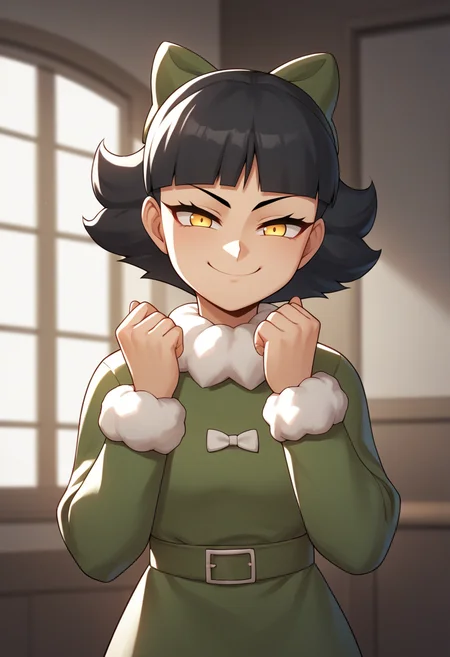 score_9, score_8_up, score_7_up, score_6_up, score_5_up, score_4_up, BREAK, source_anime,
1girl, oliviamann, black hair, bangs, short hair, yellow eyes, hair bow, green dress, long sleeves, white pantyhose,
evil smile, smug, smile, upper body, looking at viewer, solo, indoors <lora:OliviaMannXL:1>
