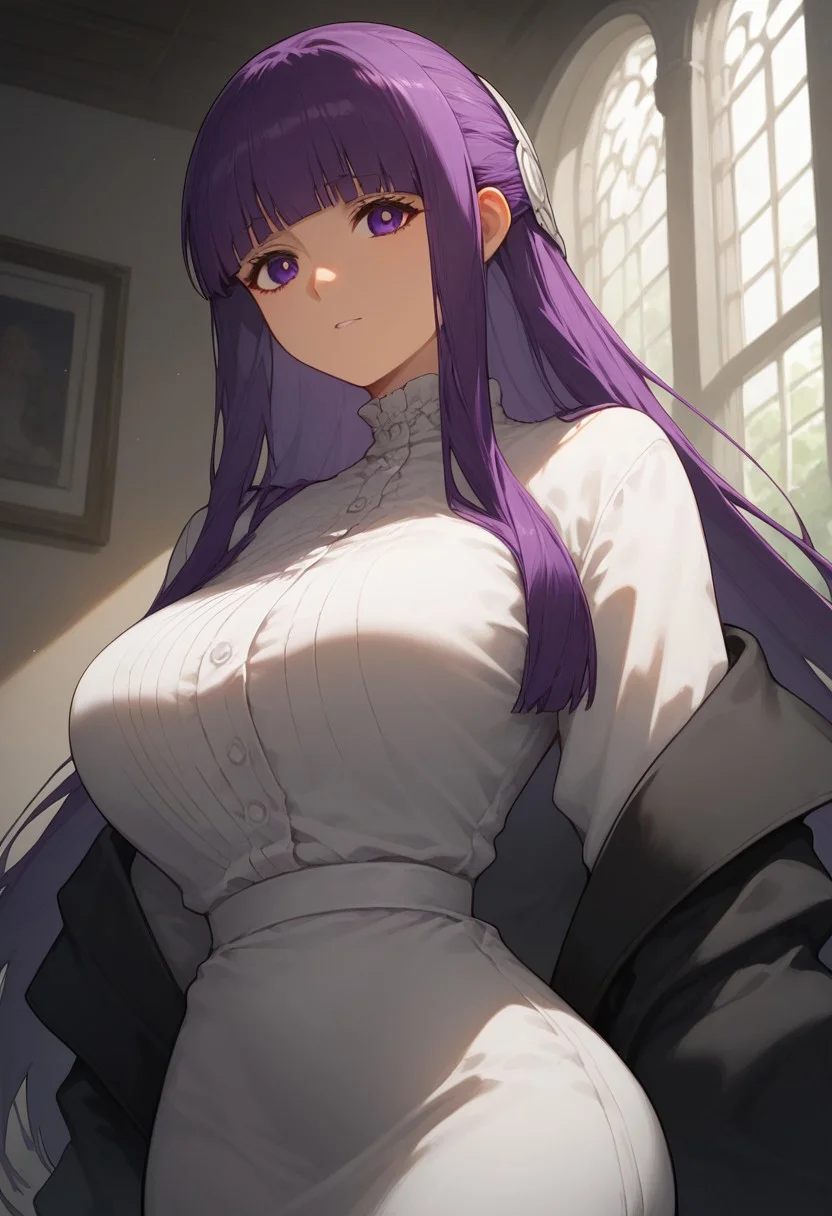 score_9, score_8_up, score_7_up, professional anime,1girl,female,solo,(fern from sousou no frieren),perfect body,wide hips, fern \(sousou no frieren\), large breasts, long hair, purple hair, half updo, blunt bangs, purple eyes,open robe, long dress,