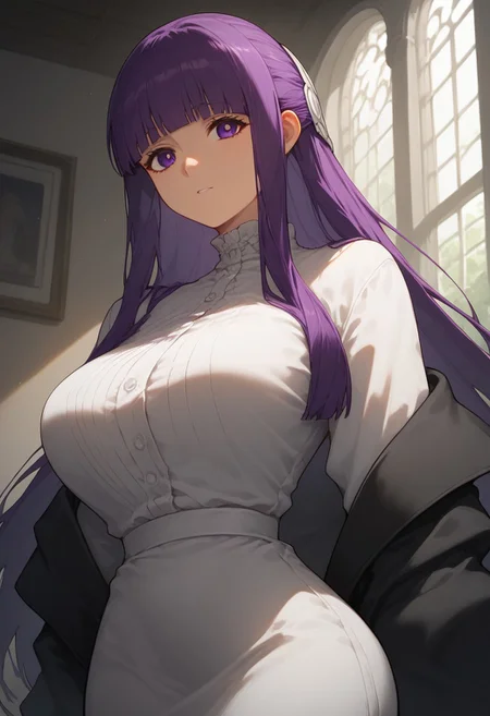 score_9, score_8_up, score_7_up, professional anime,1girl,female,solo,(fern from sousou no frieren),perfect body,wide hips, fern \(sousou no frieren\), large breasts, long hair, purple hair, half updo, blunt bangs, purple eyes,open robe, long dress,