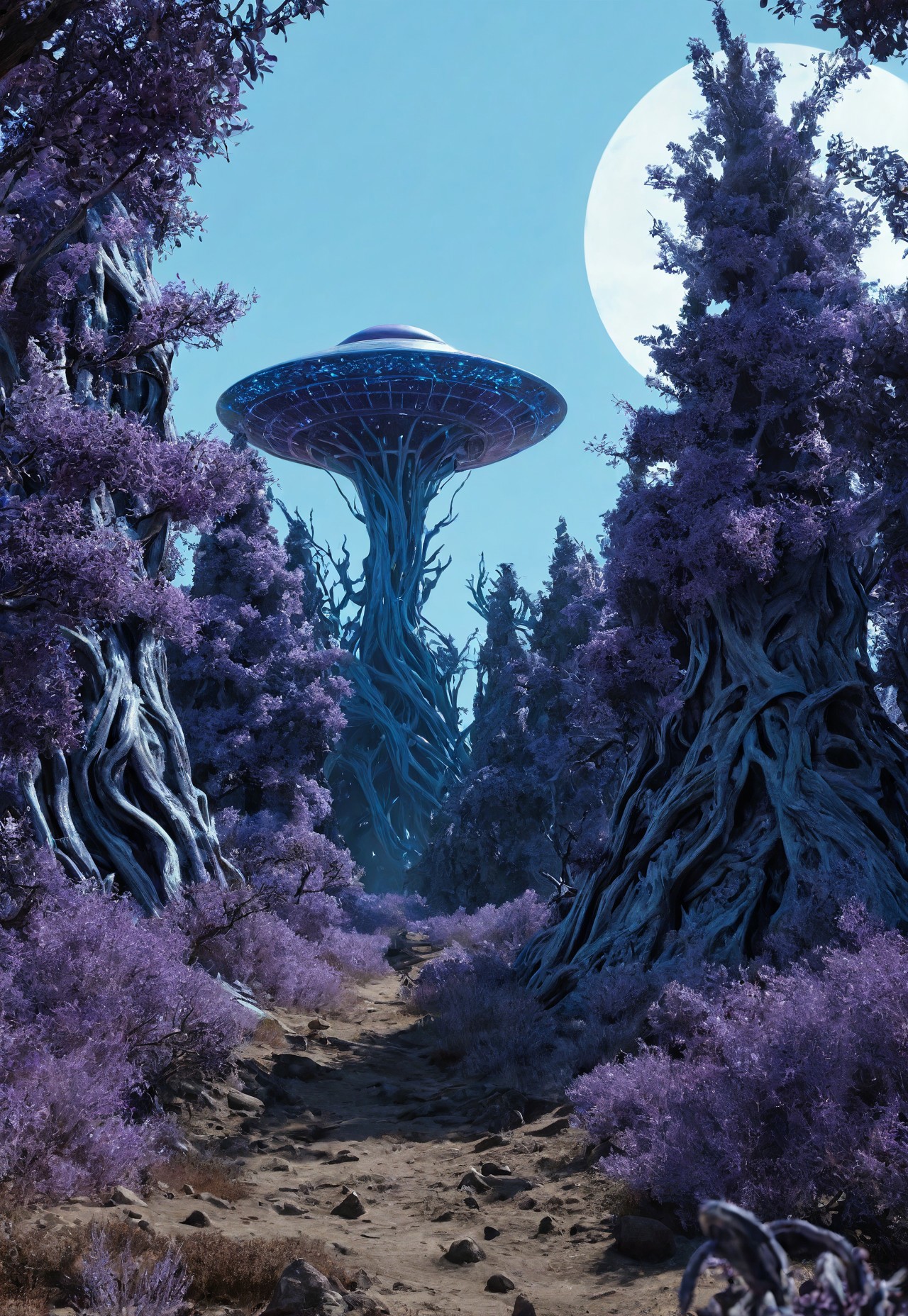 an alien landscape lit by a blue sun, there are scattered purple treelike organisms that tower far into the sky,
under the trees roam alien creatures, all the creatures seem to have 6 legs, 
there is low lying blue scrub brush, some of the creatures are chewing on it
 (8k uhd:1,4)
 <lora:add-detail-xl:1>
 <lora:Dynamic Poses:1>