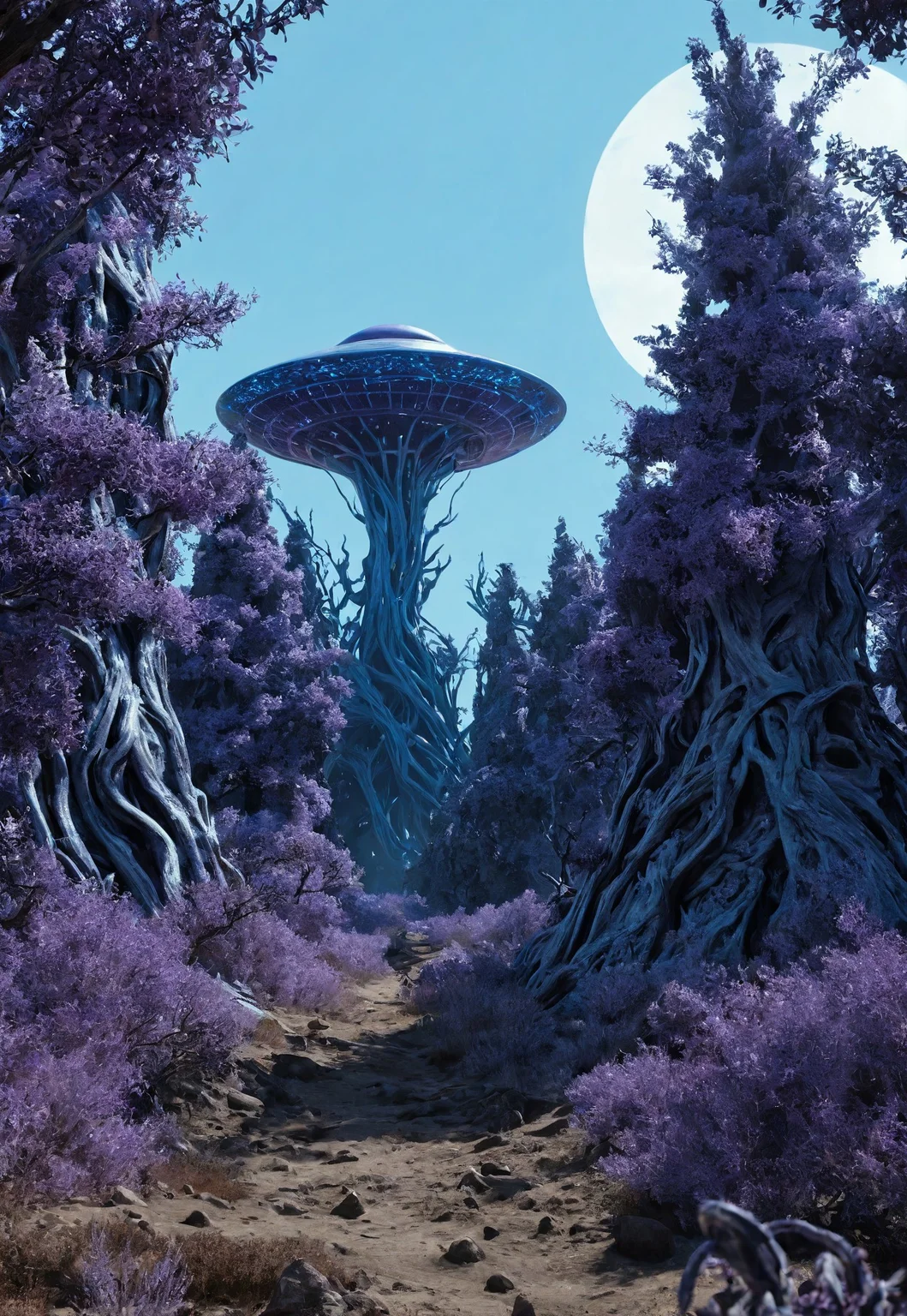 an alien landscape lit by a blue sun, there are scattered purple treelike organisms that tower far into the sky,
under the trees roam alien creatures, all the creatures seem to have 6 legs,
there is low lying blue scrub brush, some of the creatures are chewing on it
(8k uhd:1,4)
<lora:add-detail-xl:1>
<lora:Dynamic Poses:1>