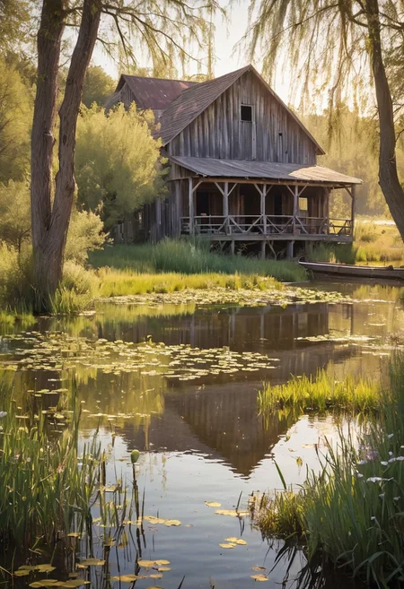 A nostalgic, tranquil lakeside scene bathed in the warm, golden light of a late summer afternoon. The lake's surface is like a mirror, perfectly reflecting the pastel-hued sky with wisps of cotton-candy clouds. A quaint, weathered wooden bridge with chipped white paint arches gently over a narrow inlet, its planks worn smooth by years of footsteps. Weeping willows line the shore, their graceful branches swaying slightly in a soft breeze.
In the foreground, a rustic wooden pontoon extends into the calm waters. An elderly man in well-worn overalls and a faded cap sits contentedly on a vintage folding chair, his weathered hands holding an old fishing rod. Beside him, a vintage tackle box and a thermos flask rest on the sun-bleached boards.
Wildflowers in soft purples and yellows dot the grassy banks, while a pair of dragonflies hover near lily pads. In the distance, rolling hills fade into a blue haze, and the faint silhouette of an old barn peeks through the trees. A family of ducks glides silently across the water, leaving gentle ripples in their wake.
The scene exudes a sense of timeless peace and gentle nostalgia, evoking memories of simpler times. Hyper-detailed, soft diffused lighting, muted warm color palette, slight film grain effect, 8k resolution.
<lora:vivid_everclear:0.35>  <lora:Sinozick:0.35>  <lora:MJ52:0.35>
