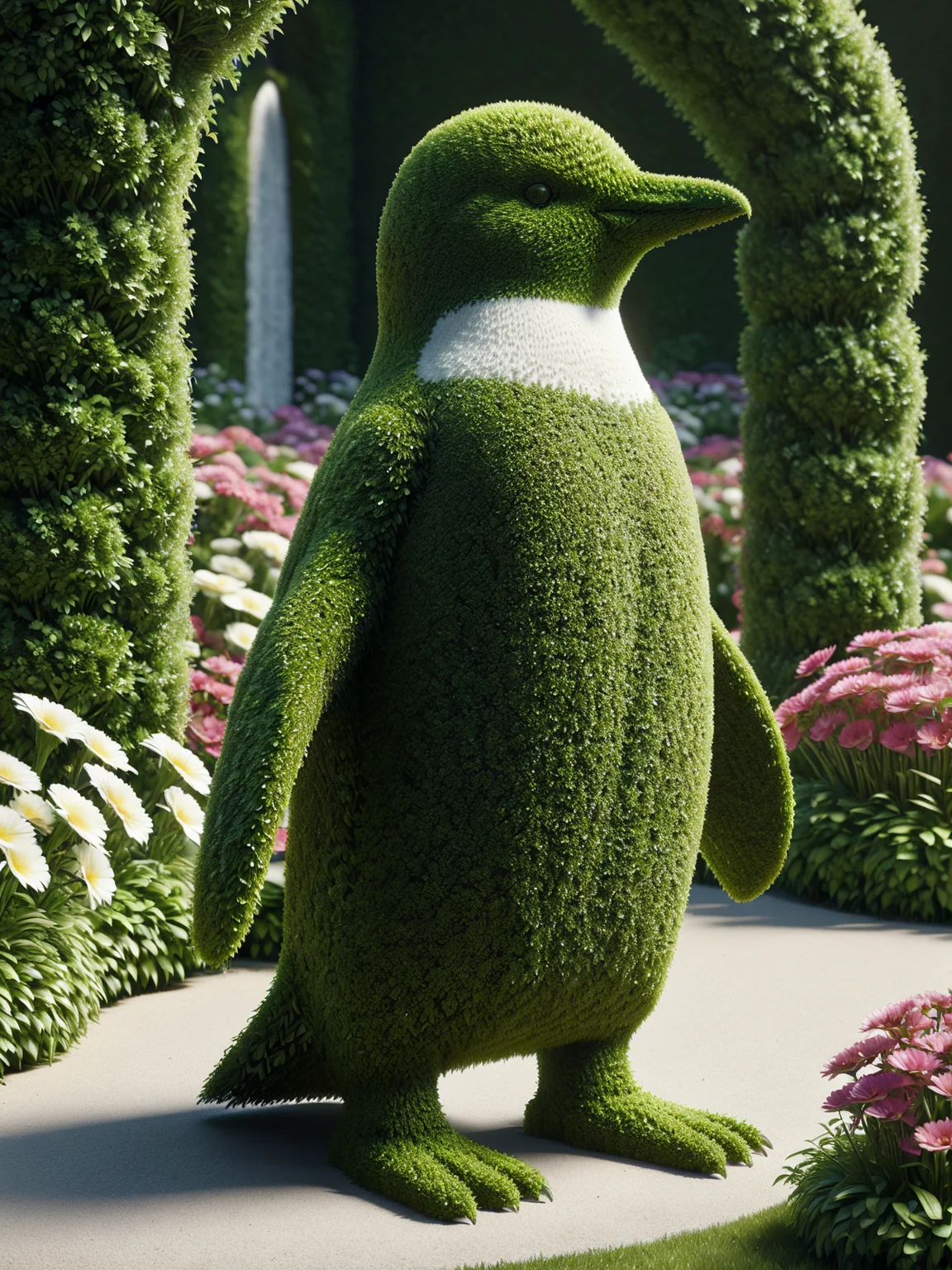 mad-hecke penguin, flower garden in background <lora:Hedge_Row_SDXL:1.0>, (masterpiece:1.2), best quality, (hyperdetailed, highest detailed:1.2), high resolution textures