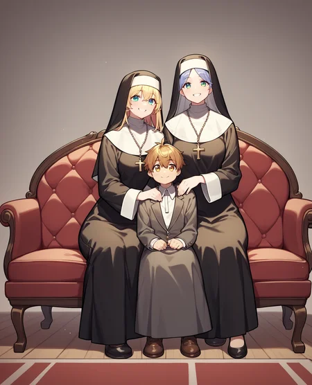 score_9, score_8_up, score_7_up, source_anime, BREAK multiple girls, 1boy, priest, nuns, sitting, full body, smile, looking at viewer, couch, <lora:Harem_King_Pose:1>, rating_safe