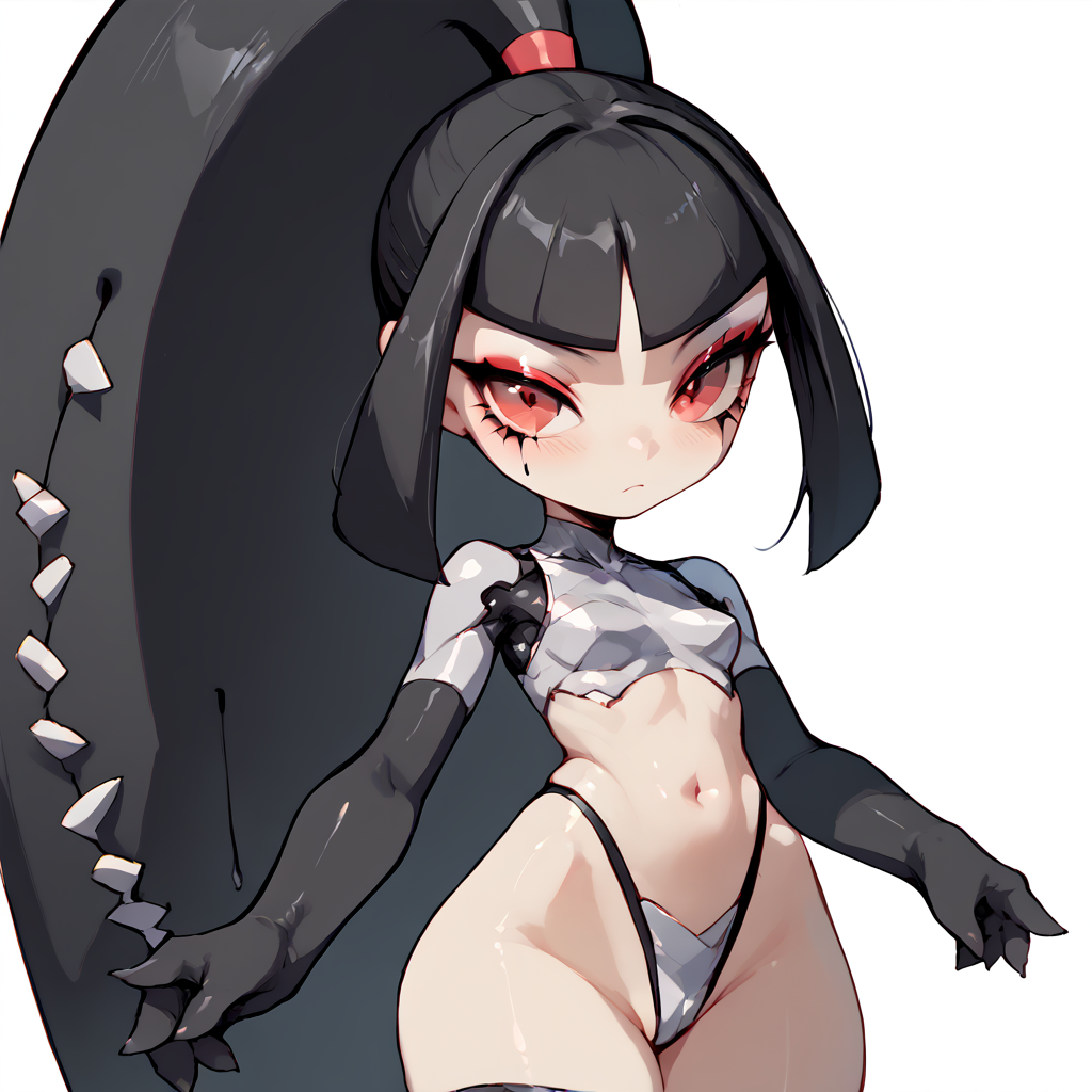 source_anime, 1girl, solo, pokemon, mawile, black hair, blunt bangs, ponytail, red eyes, shortstack, metallic eyeshadow, mascara, <lora:Mawile_v2:1> <lora:Expressive_H:0.8> ExpressiveH <lora:enhancerV4-pony:0.8>  <lora:gg3:0.8> Goth girl, <lora:Highleg_Panties_-_PonyXL:1> highleg panties,, score_9,score_8_up,score_7_up,highres, masterpiece,