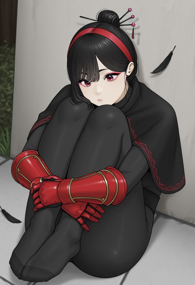 outdoors, undershirt, falling feathers, black bodysuit, hair stick, hugging own legs, , gauntlets,   eyeshadow,   red gloves, black capelet, red hairband, pink eyes, 1girl, solo, feet, medium hair, black hair
 dynamic angle, foreshortening, tantanmen