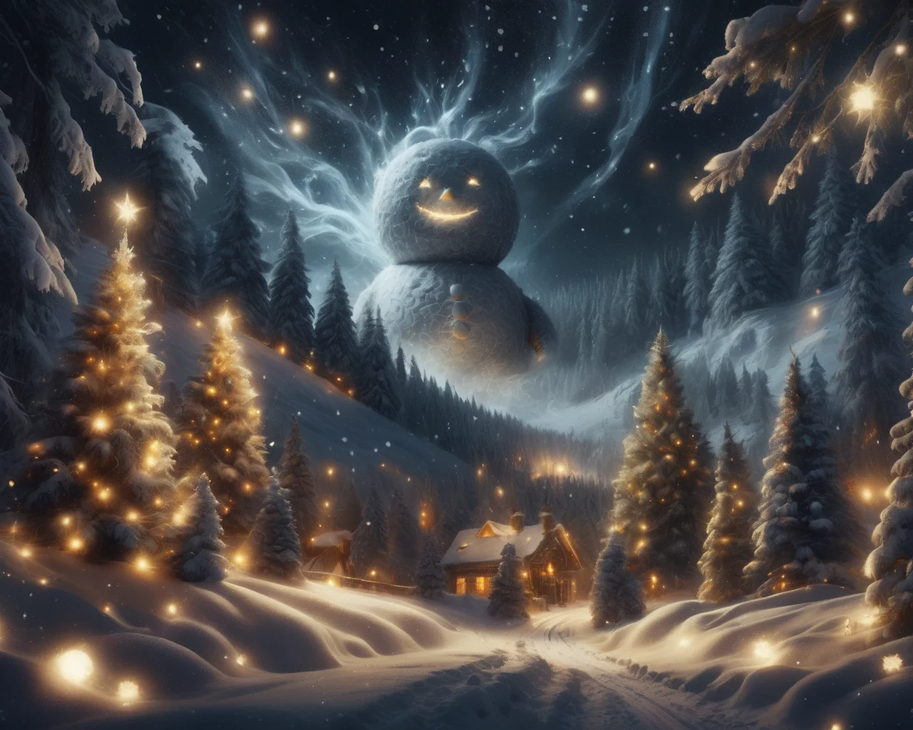an (extremely detailed cinematic digital painting masterpiece) (3/4 body shot) of one giant snowman in the distance absorbing the cool winter air wishing for a Christmas miracle, <lora:ChristmasWintery:0.8> ChristmasWinteryl surrounded by magical Christmas trees in a Christmas forest, bright glowing eyes, (Style-GravityMagic:1.1), (twisting swirls of snow in the background), (glowing aura), (energy), (snowing), (snowflakes:1.2), (windy), (moody color tones), (otherworldly:1.2), (elaborate textures:1.2), (soft lighting:1.2), medium depth of field, (8k UHD, Unreal Engine, highest quality), <lora:add-detail-xl:0.8>, <lora:xl_more_art-full_v1:0.8>, <lora:DreamARTSDXL:0.9>