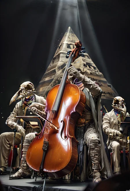 masterpiece, best quality, amazing quality, Khonshu, skull head, floating head, beak, mummified, robe,, playing cello, cello, instrument, bow_(music), left hand on the fingerboard, right hand holding a bow, cello between legs, sitting, spotlight, on stage, hieroglyph, pyramid,
