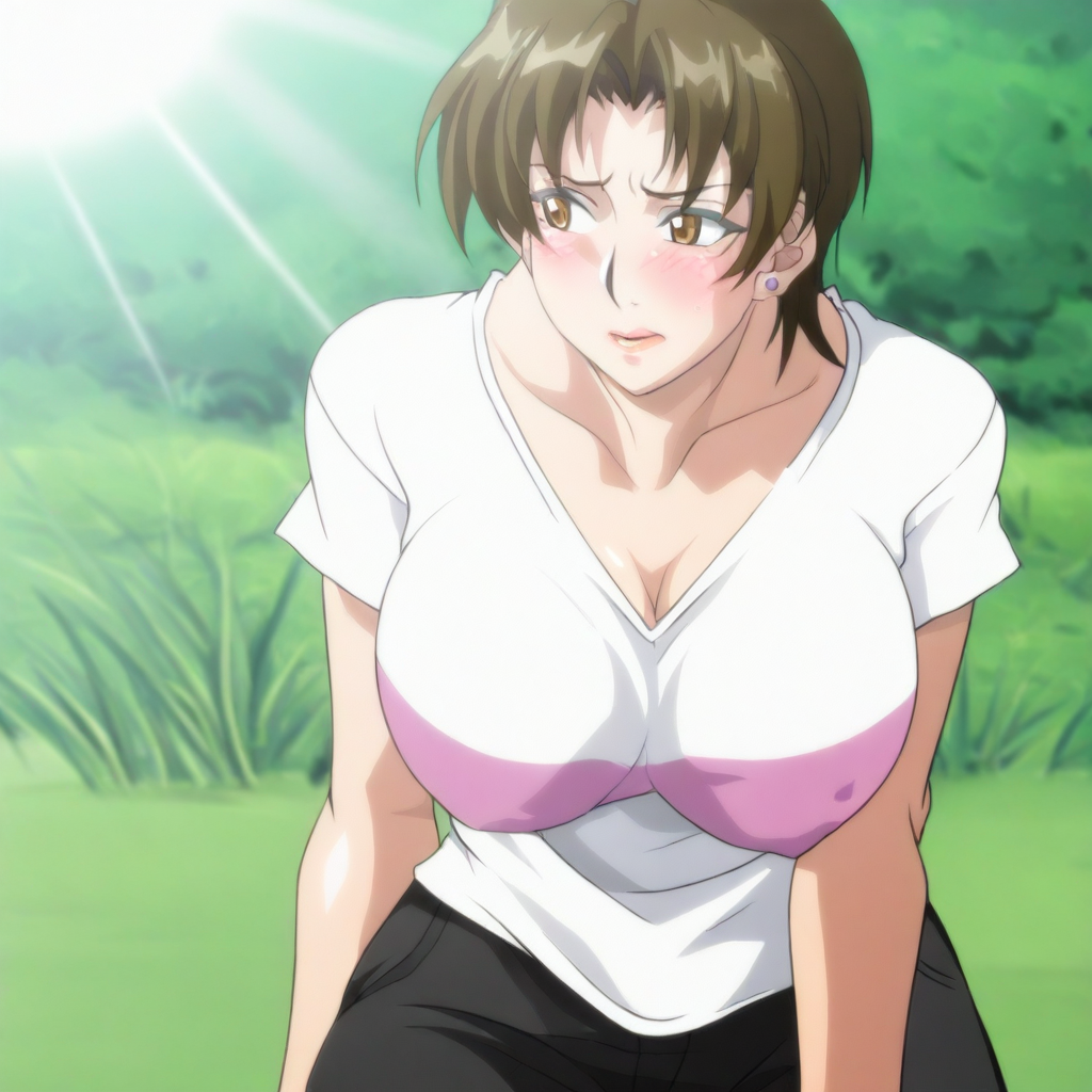 (1KUM1SUN0H4R4:1.4), an anime styled image,1girl, brown hair, short hair,  brown eyes, parted bangs,mature female, huge breasts, stud earrings, solo, cleavage, looking to the side, blushing, embarrassed, t-shirt, black pants, mature female, milf, masterpiece, best quality, good quality, newest, outdoors, grass, sun, sunlight