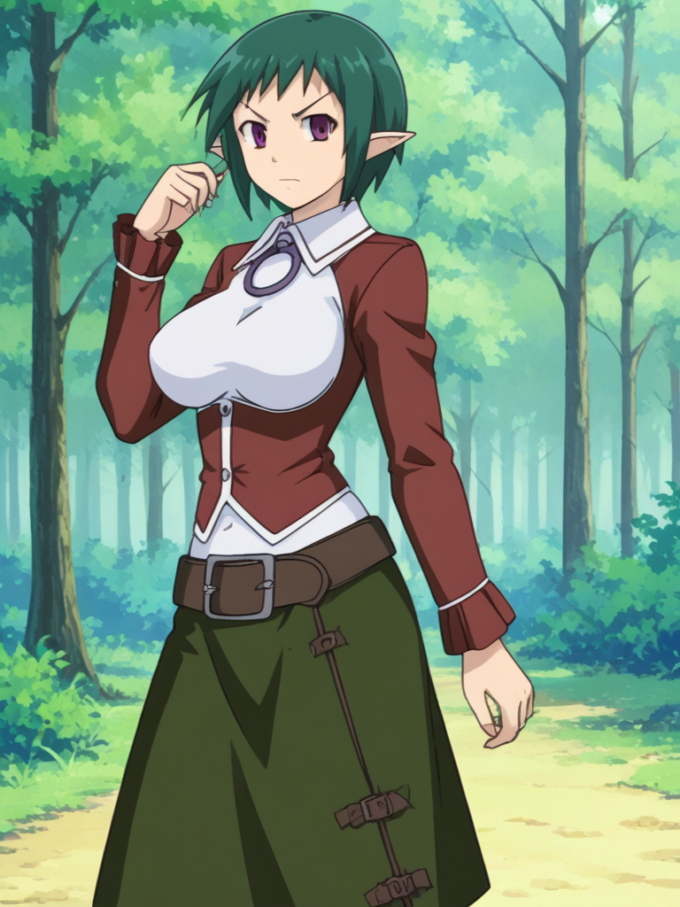 1girl, solo, sardiakamoshirenai, short hair, green hair, purple eyes, pointy ears, large breasts, white shirt, collared shirt, pendant, red jacket, partially open jacket, long sleeves, belt, green skirt, long skirt, back bow, outdoors, forest, cowboy shot, hand on hair, annoyed, cowboy shot