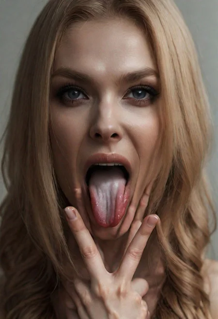 woman , long hair, pretty face, (V Fingers, Tongue out, Tongue between fingers)