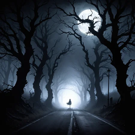 2D anime style, anime screencap, abandoned road at night, shrouded in darkness with an eerie, horror atmosphere. The background features twisted, dead trees lining the road, their gnarled branches reaching out like skeletal hands. A faint, ghostly mist hangs in the air, illuminated by a dim, flickering streetlamp casting long, sinister shadows. In the distance, a dark figure can be seen, barely visible but exuding a menacing presence. High detail and complexity, dark colors, dynamic lighting, extremely exaggerated and haunting background, eerie atmosphere, scary details