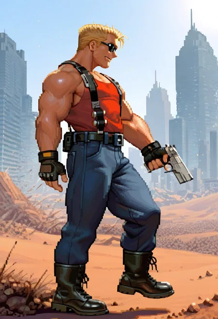 (masterpiece:1.2), (best quality:1.3), amazing quality, very aesthetic, best aesthetic, highres, absurdres, HD, shading, newest, perfect composition, intricate details, detailed face and eyes, cel-shaded, sharp lines, Beautiful background, color vibration, scenery, 1boy, xdnukemx, blonde hair, muscular, sunglasses, manly, red tank top, blue pants, bandelier, fingerless gloves, belt, suspenders, boots, toned, beautiful, dynamic pose, smile, standing, masterful composition, dynamic movement, cinematic lighting, sidelighting, light particles, dramatic shadows, SF3XL,, full body, from side, pixel, garden, looking away, new York city, destruction, destroyed city, invasion, scifi, sci-fi, trigger discipline, gun, weapon, holding, desert eagle