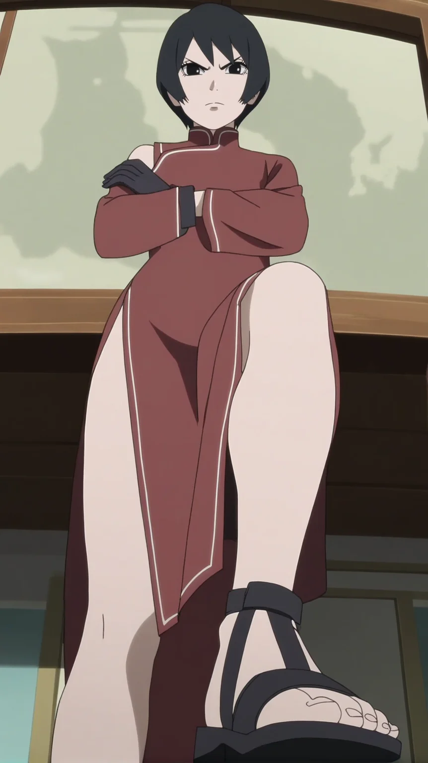 source_anime, score_9, score_8_up, score_7_up, anime screencap, high quality, 8k, absurdres, official style, 1girl, solo,<lora:kurotsuchi:0.8>, kurotsuchi, black hair, short hair, black eyes, gloves, dress, black gloves, chinese clothes, red dress, sandals, china dress, side slit, sitting, looking at viewer, crossed arms, looking at viewer, angry, from below, one sleeve,