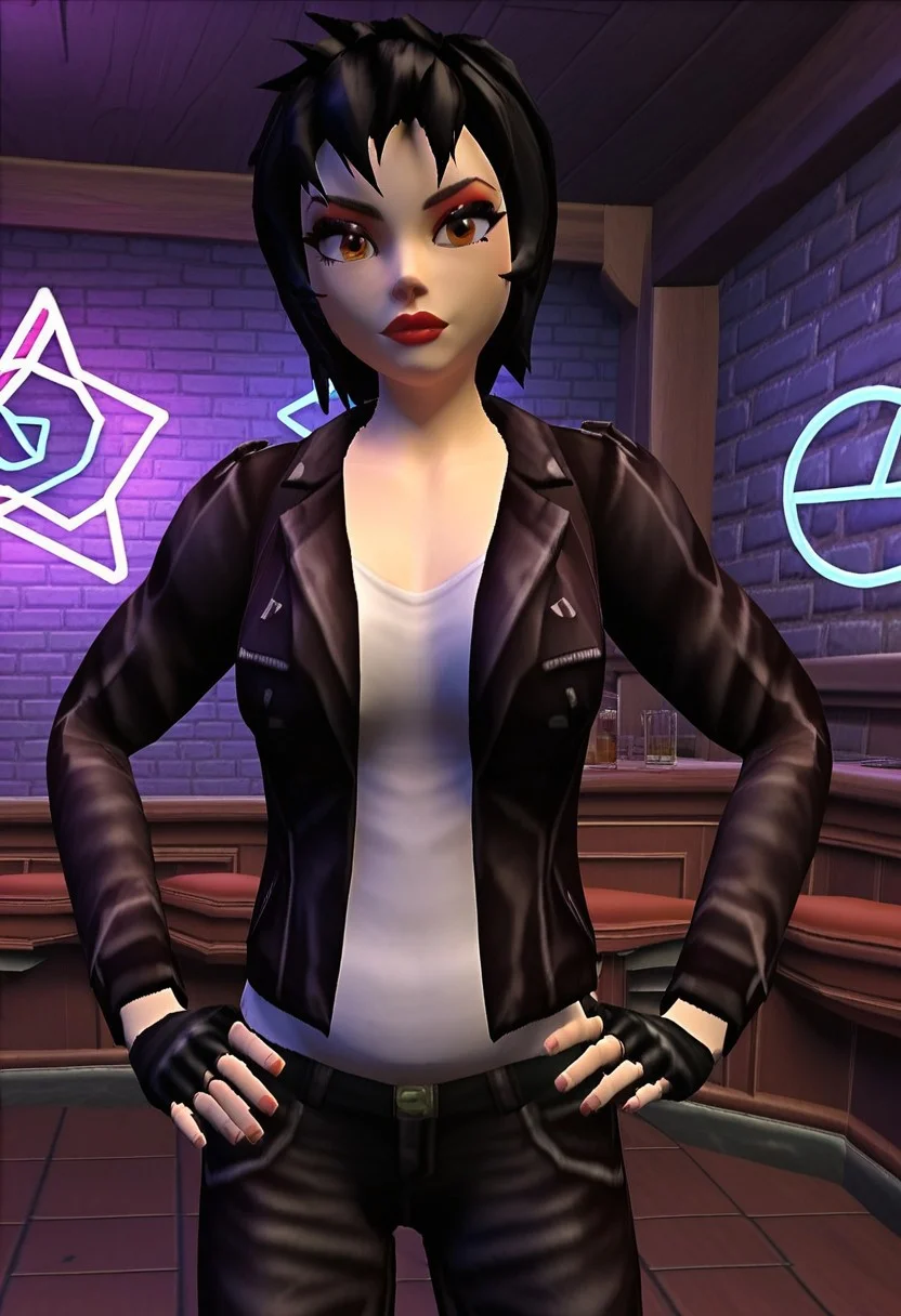 score_9, score_8_up, score_7_up, 1girl, solo, suzi_camaro, pale-skinned, black_hair, black jacket, leather_jacket, fingerless_gloves, leather_pants, leather belt, belt, leather, short_hair, white shirt, makeup, red lips, right hand on hip, cowboy shot, looking at viewer, indoors, nightclub, bar, ((((detailed_background)))), (((dynamic pose))), high_definition, (perfect anatomy), (perfect face), (3d),Expressiveh, best quality, masterpiece