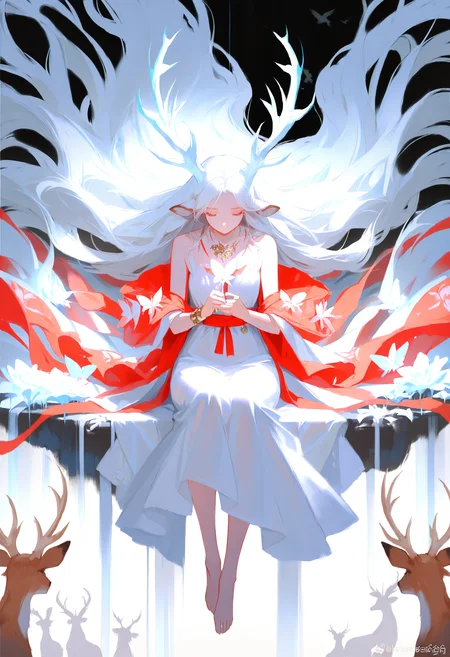 masterpiece, best quality, Good quality, very aesthetic, absurdres, newest, 1girl, solo, long_hair, dress, holding, animal_ears, ribbon, closed_mouth, jewelry, bare_shoulders, very_long_hair, sitting, full_body, closed_eyes, white_hair, flower, barefoot, white_dress, necklace, bracelet, red_ribbon, sash, floating_hair, bird, animal, white_skirt, butterfly, floating, shawl, holding_flower, absurdly_long_hair, antlers, weibo_username, weibo_logo, deer_ears, deer, white_bird <lora:spo_sdxl_10ep_4k-data_lora_webui:1> <lora:ponyv5_noobV065S_1_adamW-000013:1> <lora:USNR_STYLE_XL_lokr:0.6> <lora:EtherSDXL:0.15>