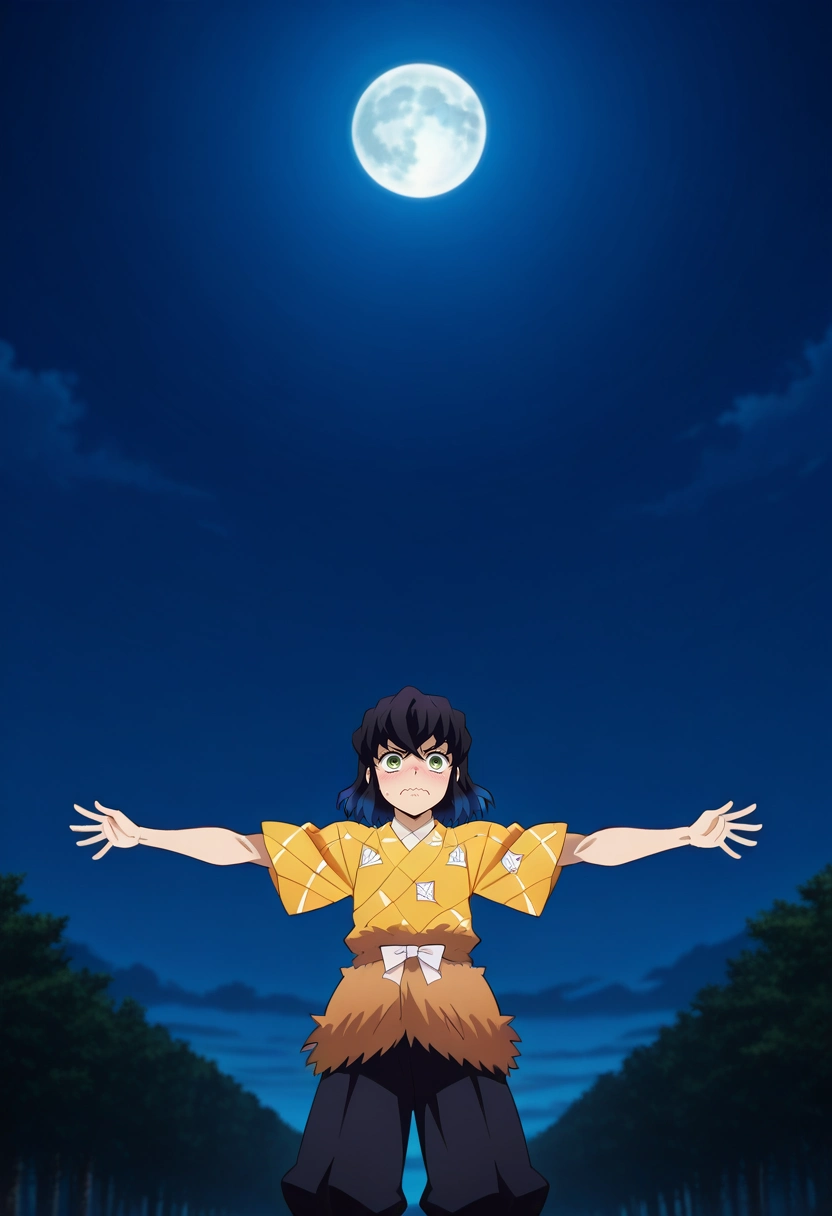 masterpiece, best quality, , anime screencap, , , , 1boy, solo, male focus, <lora:inosuke_hashibira_ilxl:0.98>, inosuke_hashibira, , , symmetry, spaceship, night, full moon, spread arms, wavy mouth,