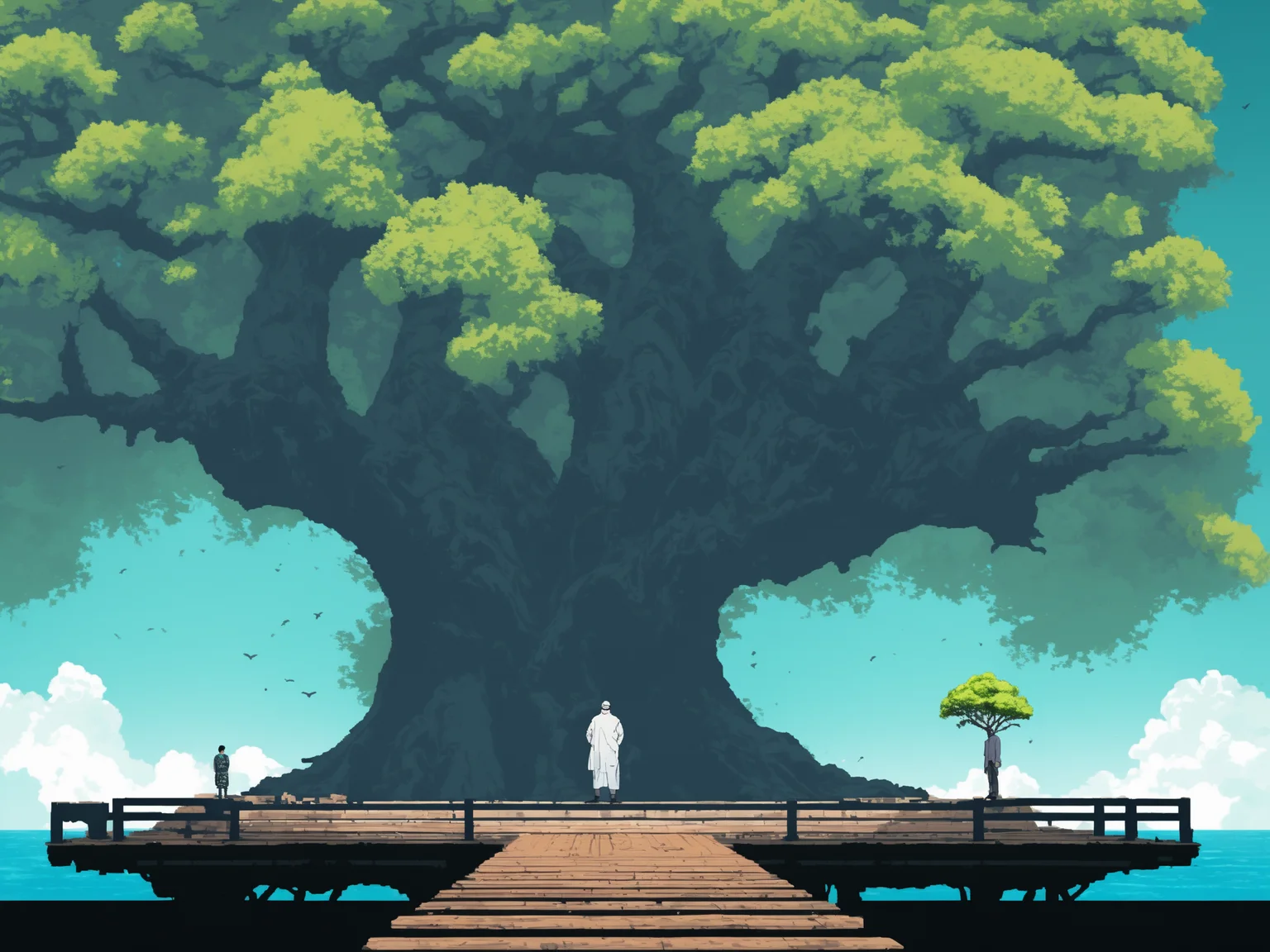 NH2D, a scene of a tree_sea with lots of giant tree and a man standing on a platform in the middle of the picture,<lora:2dmap:0.6>
