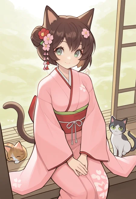 masterpiece, best quality, <lora:Alpaca:1> 4lp4c4, 1girl, japanese clothes, animal ears, tail, cat, brown hair, green eyes, hair ornament, looking at viewer, hair flower, solo, flower, short hair, smile