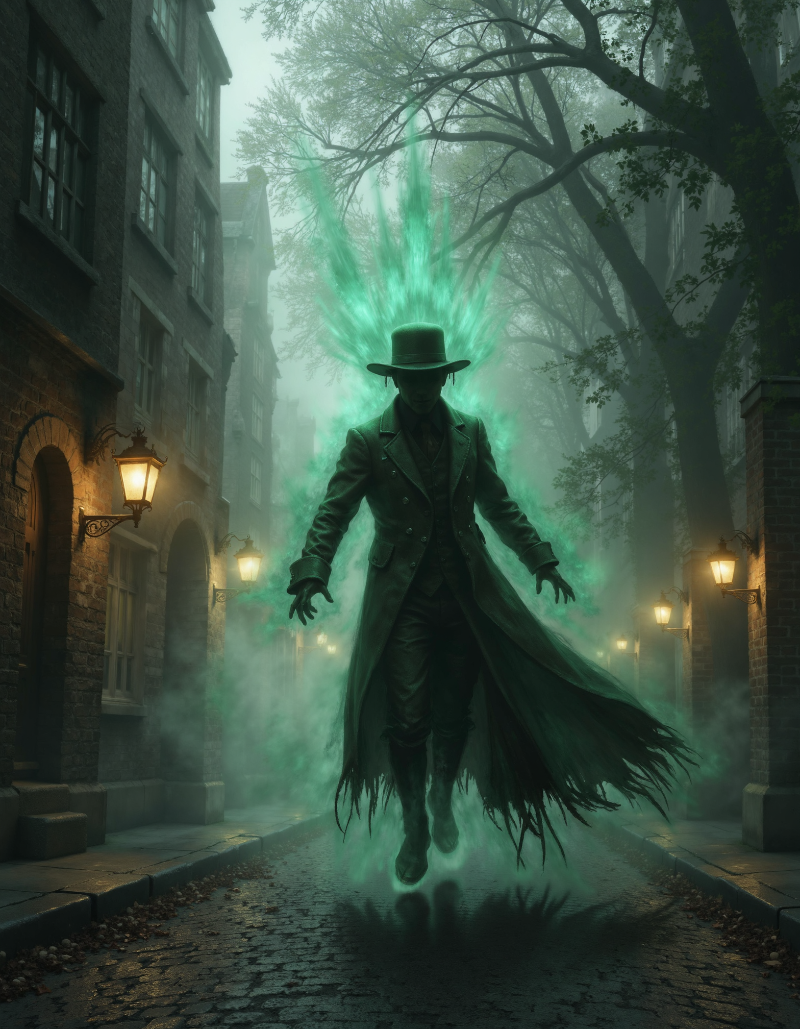 zavy-ghst, Low-angle shot capturing the ethereal silhouette of a ghostly man with tattered Victorian attire, gently hovering above a cobblestone street, whispering secrets into the night air, illuminated by soft flickering lanterns amidst a fog-shrouded ancient forest, rich in sepia tones with splashes of emerald green highlighting the spectral figure.