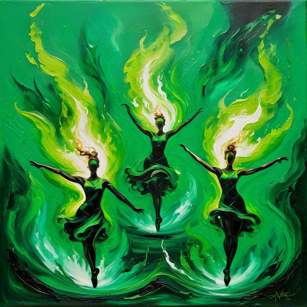 Abstract green flames, dynamic movement, swirling upwards, Irish dance figures barely visible within the flames, textured oil painting, vibrant greens, high contrast, energetic composition