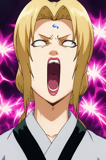 score_9, score_8_up, score_7_up, score_6_up, score_5_up, score_4_up,<lora:tsunade-s2-ponyxl-lora-nochekaiser:0.8> , tsunade, blonde hair, yellow hair, facial mark, forehead mark, long hair, makeup, mature female, blank eyes, parted bangs, twintails, low twintails, large breasts, <lora:gintama_funny_face:1>, gintama_funny_face, open mouth, impact lines, lightning energy in the background, alone, looking at the viewer, masterpiece, highres, highly detailed face, highly detailed shining eyes, symmetrical highly detailed eyes