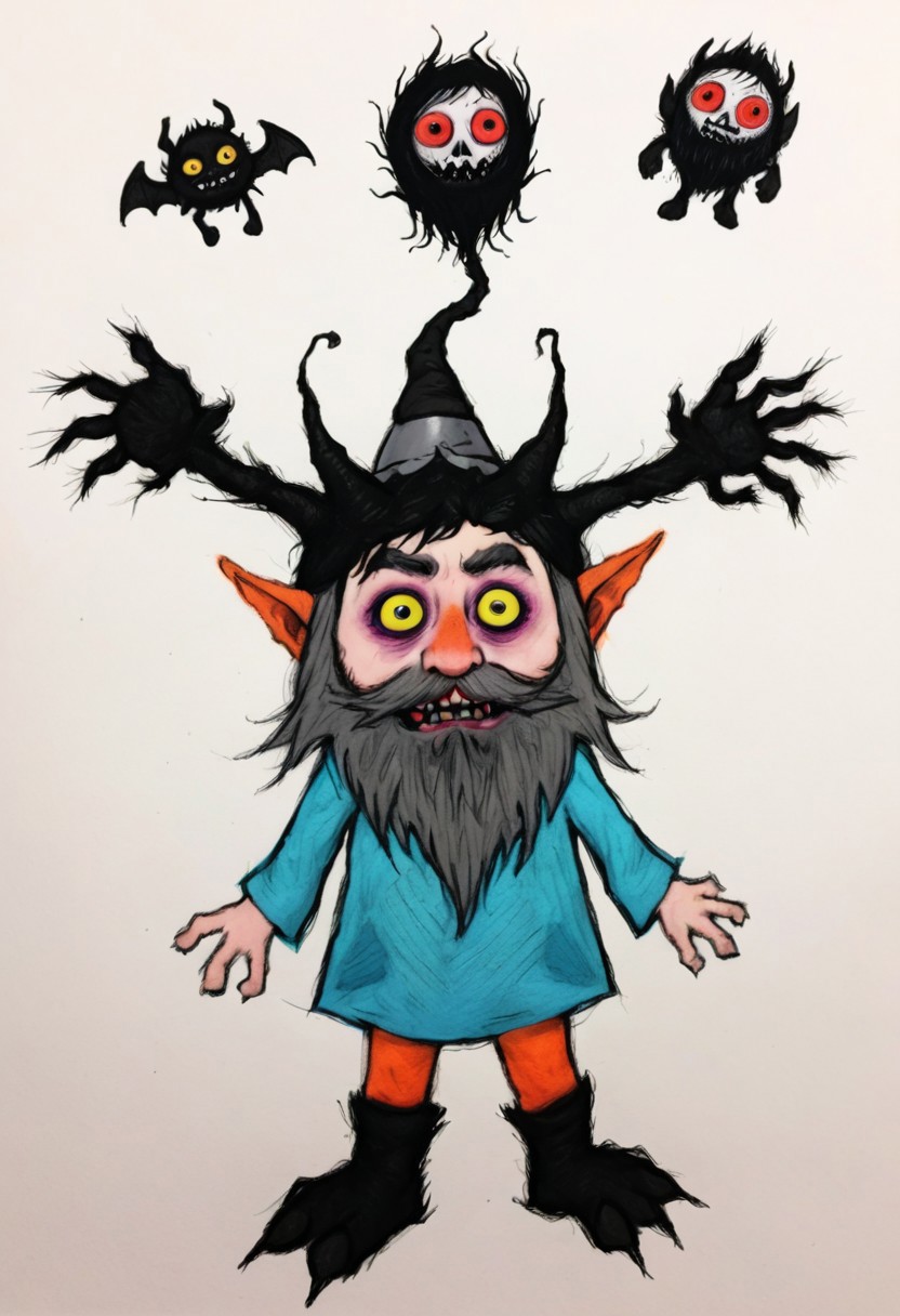 colorful, creepy drawing, simple illustration, childlike illustration. creepy, scary, wonderful creatures, World Morph Felt, 
1boy, solo, dutch angle, senshi_(dungeon_meshi) /(dungeon meshi/), dwarf, beard, helmet, black hair, black eyes,