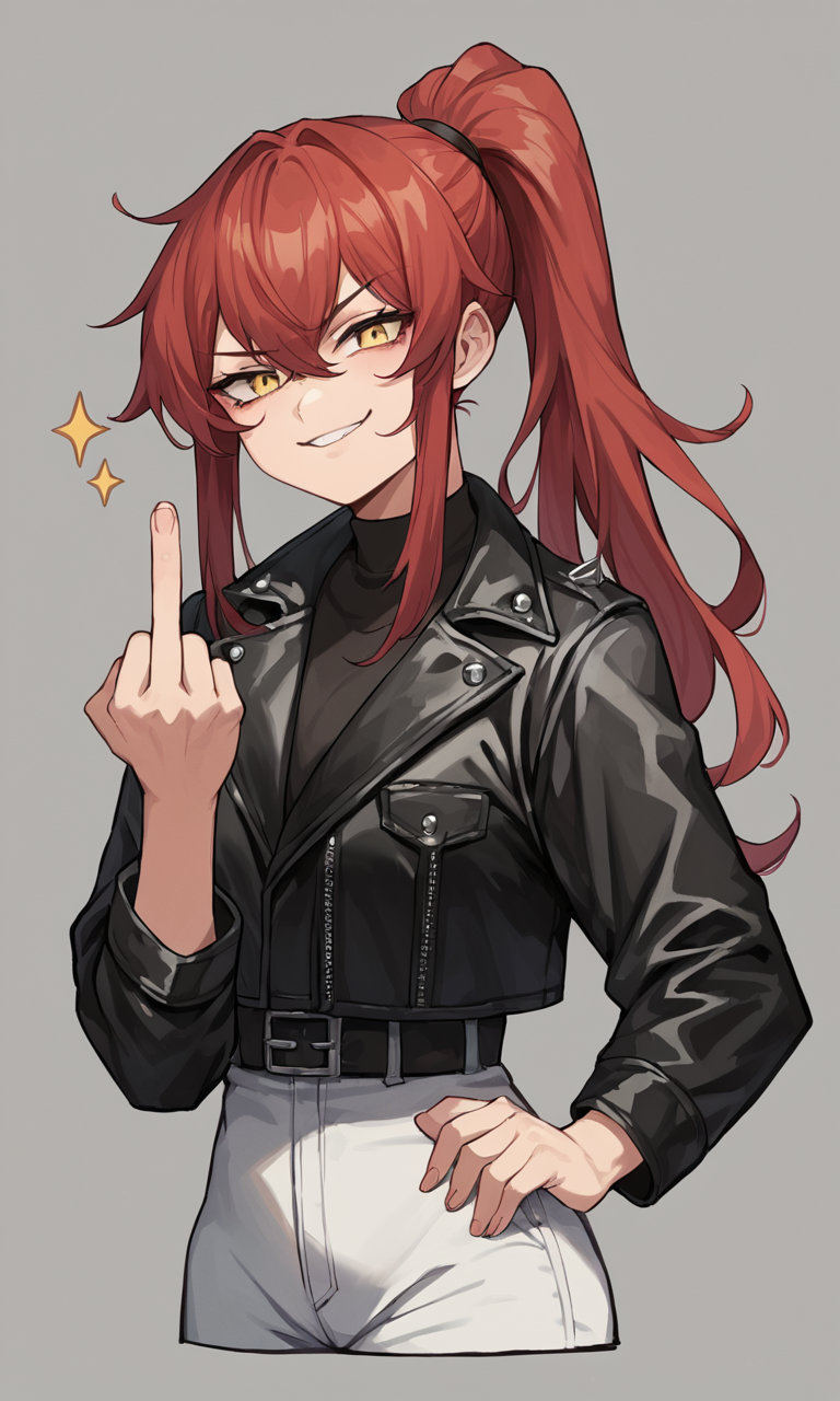 score_9, score_8_up, score_7_up, score_6_up, source_anime, BREAK close-up, 1girl, dark red hair, long hair, ponytail, yellow eyes, higheel boots, miniskrit, fishnets, leather jacket, fckYou, middle finger, smug, smug face