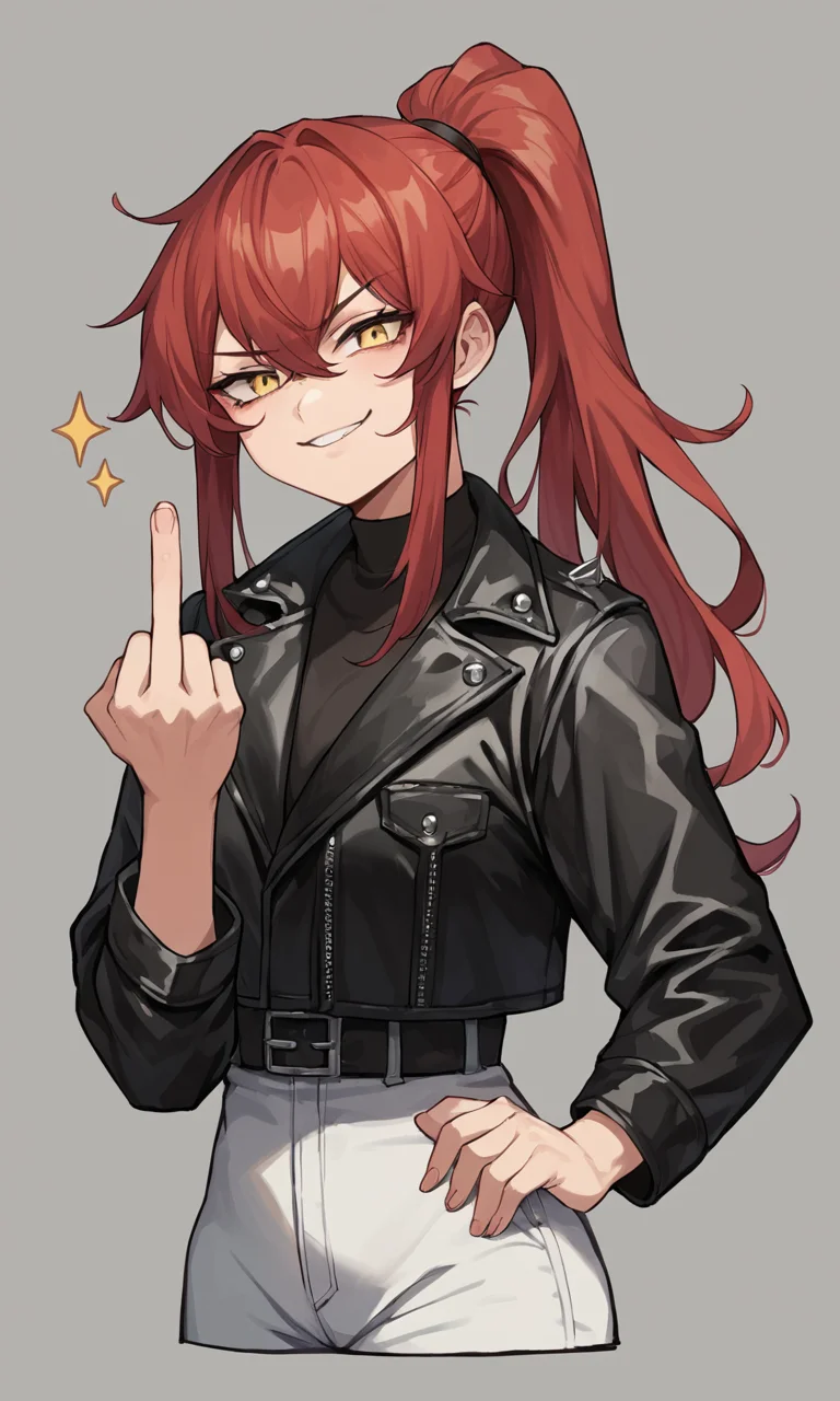 score_9, score_8_up, score_7_up, score_6_up, source_anime, BREAK close-up, 1girl, dark red hair, long hair, ponytail, yellow eyes, higheel boots, miniskrit, fishnets, leather jacket, fckYou, middle finger, smug, smug face