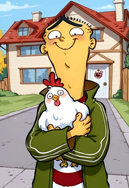 Masterpiece, best quality, 8k, newest, absurdres, highly detailed, 1boy, solo, edboi, mnbrow, green jacket, striped red and white shirt, unibrow,
BREAK
hugging a chicken, ch1ken, happy expression, houses in background, day,