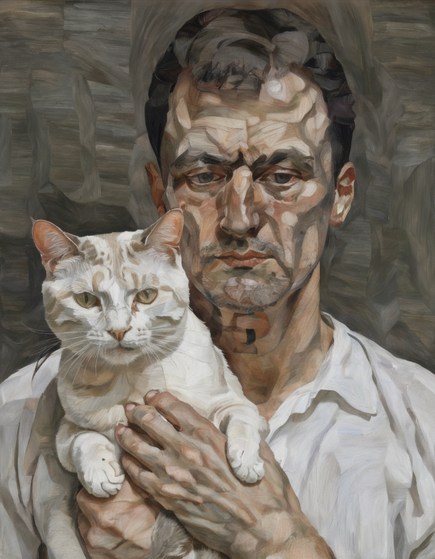 <lora:fr3u:0.8>fr3u portrait of a man holding a cat
