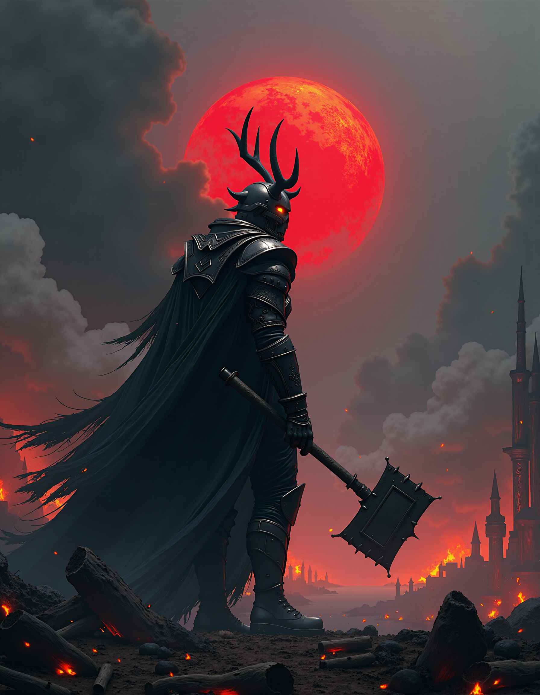 A lone warrior clad in dark, futuristic armor stands resolute in the midst of a burning battlefield, exuding the bleak and gothic atmosphere of Dark Souls 3. His withered cape, its tattered edges glowing faintly from the surrounding flames, billows in the smoke-choked air. The armor, a foreboding mix of blackened steel and tarnished chrome, features jagged, angular lines, and a helmet resembling a human skull with imposing stag horns. The helmet's visor glows with a sinister red light, cutting through the ash and soot. Around him, the battlefield is strewn with the ruins of war, twisted metal and shattered stone litter the ground, as dark, ominous clouds swirl above, casting deep shadows over the desolate landscape. In his grip, a massive, ancient hammer reflects the fiery glow of the burning wreckage, its weight and power evident. The only light comes from the dying embers and a blood-red sun, ominously looming behind the clouds, bathing the scene in a grim, apocalyptic hue. This scene evokes the dark, oppressive tone of a world teetering on the edge of despair, much like the haunting and oppressive world of Dark Souls 3.