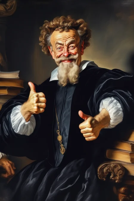 <lora:Peter Paul Rubens Style:1>Peter Paul Rubens Style - image of wise lawyer with thumbs up in agreement in style of rubens