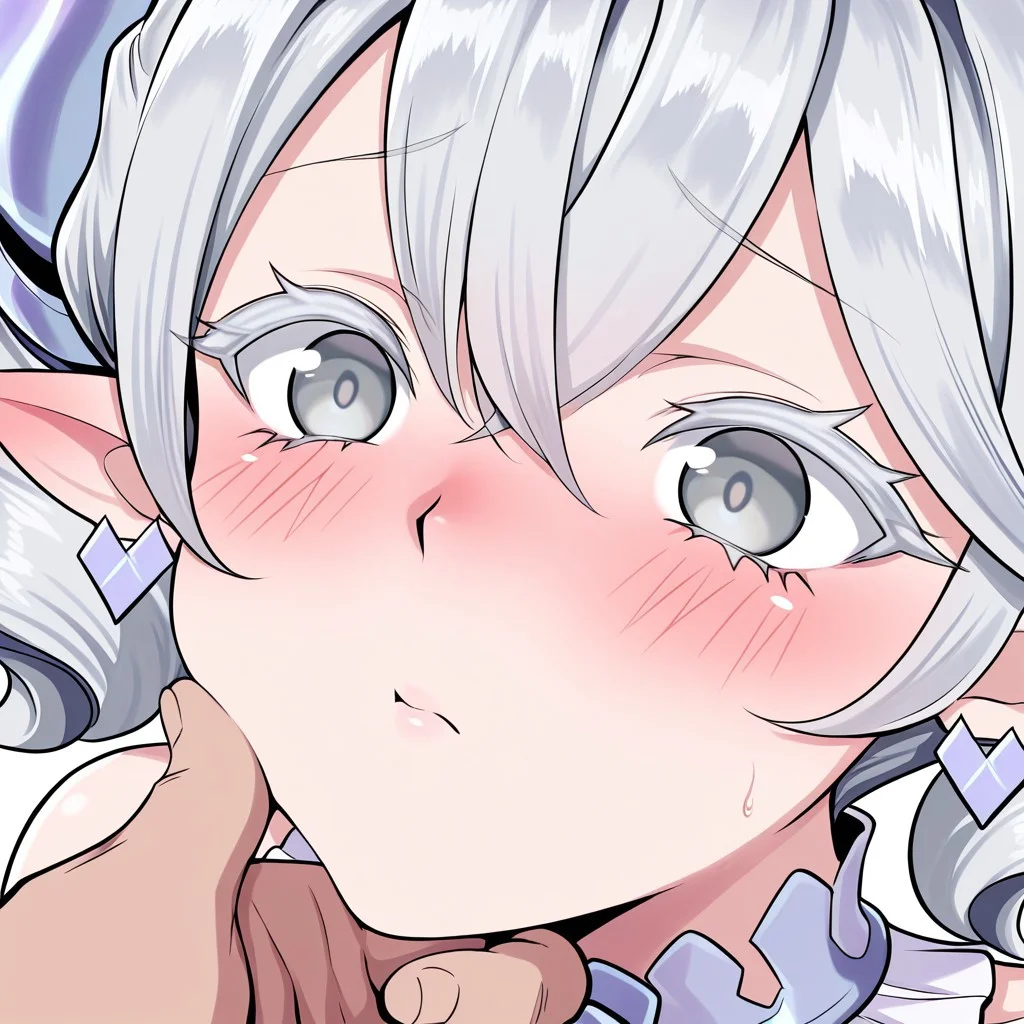 (masterpiece, best quality), amazing quality, very aesthetic, absurdres, newest, scenery,
1girl, solo, LovelyLabrynthOfTheSilverCastleYu-Gi-Oh, grey eyes, colored eyelashes,
face focus, solo focus, male hand grabbing chin,
confused, blush,
simple background,