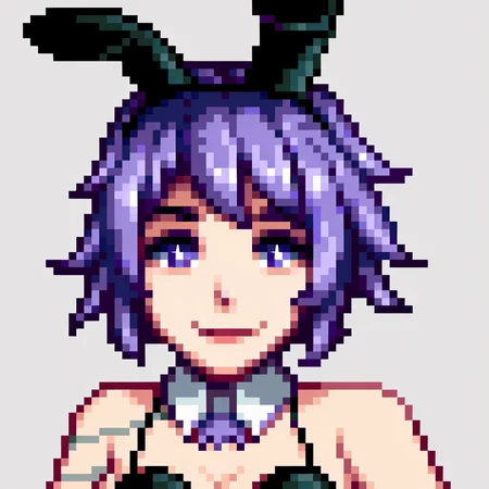 score_9, score_8_up, score_7_up, source_anime, BREAK, solo, 1girl, smile, looking at viewer, <lora:Stardew-Valley-Portraits-pdxl_Fp:1>, portrait, simple background, pixel art, white background, <lora:Tico-pdxl_Fp:0.8>, ticodesu2, purple hair, purple eyes, star-shaped pupils, short hair, playboy bunny, rabbit ears, tattoo, detached collar, cleavage, sleeveless, black gloves,
