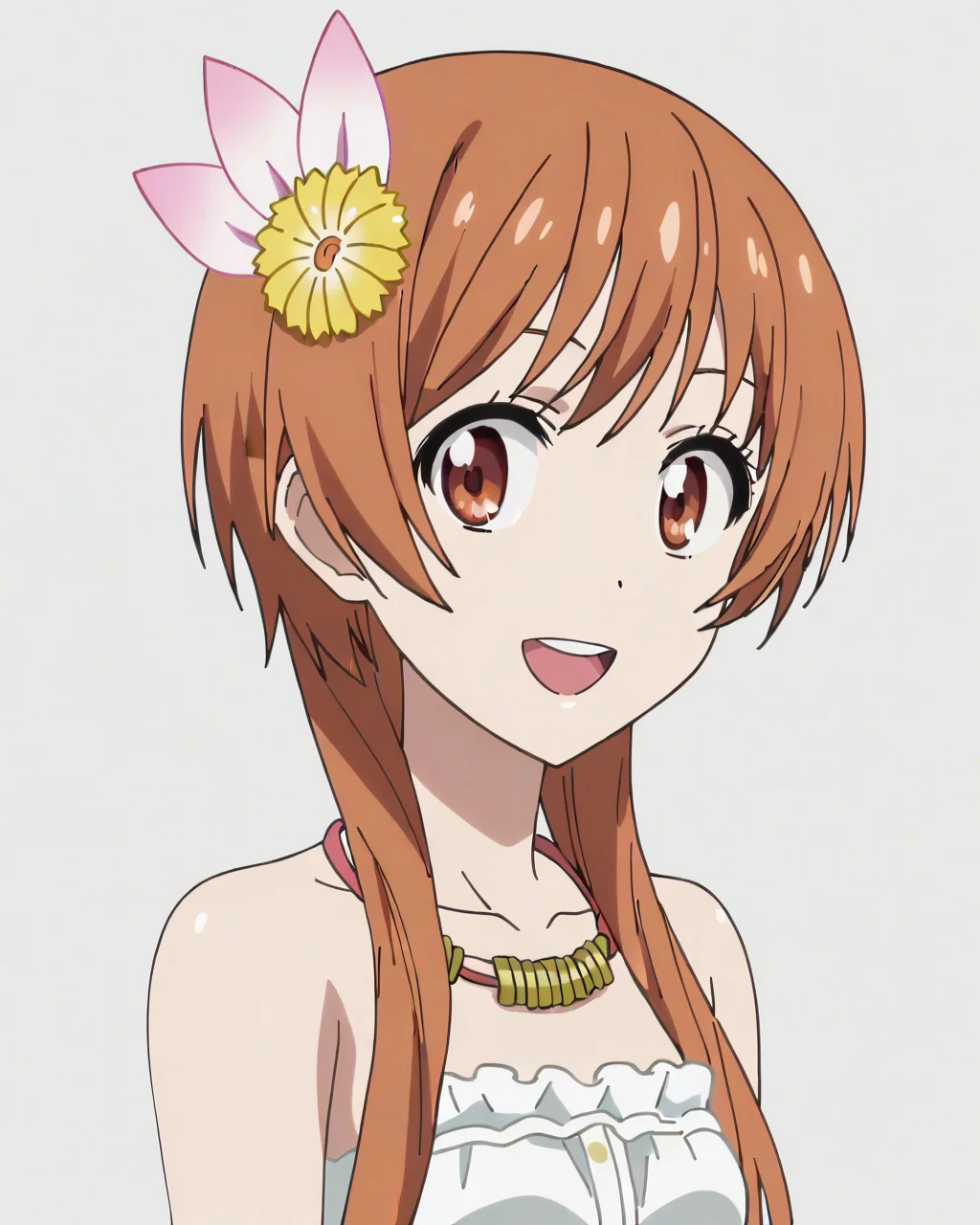 score_9, score_8_up, score_7_up, best quality, masterpiece, anime, anime screencap, anime coloring, looking at viewer, 1girl, solo, upper body, simple background, solid white background, <lora:marika-nisekoi:0.8>, marika tachibana, white dress, sleeveless, strapless, frilly, hair flower, necklace, smile, :d, open mouth