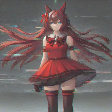 (win variation \(umamusume\)), red dress, standing, pose, full body, sleeveless dress, twintails, solo, bow, striped clothes, black gloves, brown thighhighs, ear covers, masterpiece, best quality, very aesthetic, absurdres
<lora:UmaDiffusionXL_UAF-000010:0.7>, glitch style, digital