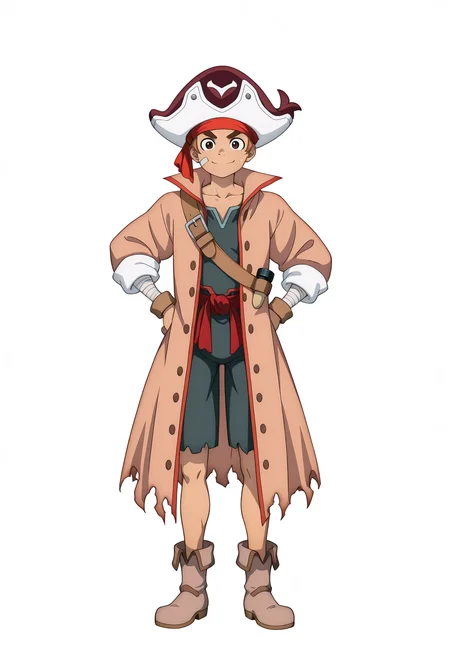 masterpiece,best quality,amazing quality,stude \(shangri-la frontier\),solo,looking at viewer,smile,simple background,white background,1boy,hat,closed mouth,standing,collarbone,full body,male focus,boots,belt,coat,hand on own hip,torn clothes,headband,transparent background,bandaid,open coat,bandaid on face,pirate hat,red headband,bandaid on cheek,pirate,bandaged arm,monocular,sam browne belt,brown coat,black shirt,shorts,red waist sash,<lora:stude:1>,