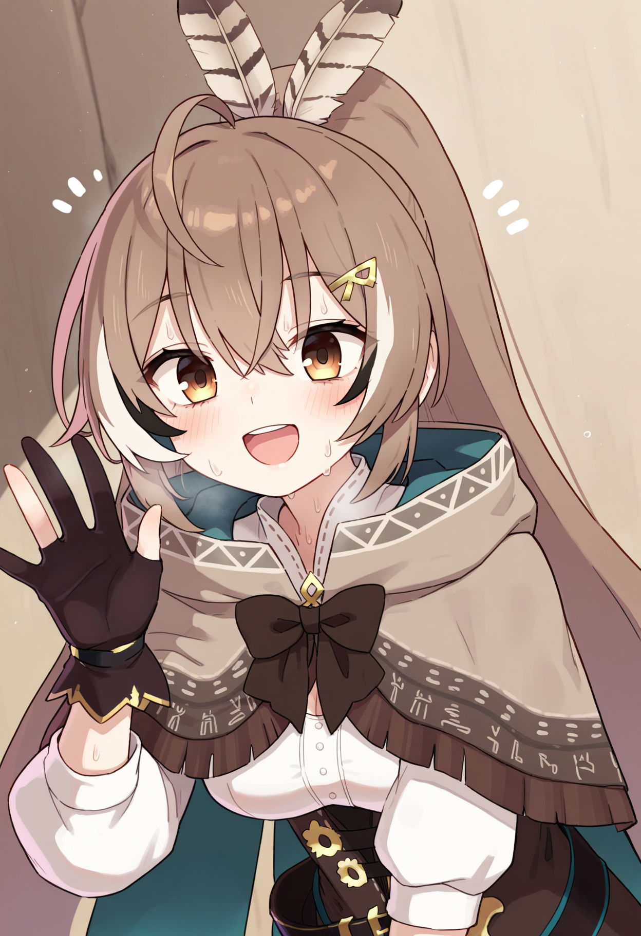 masterpiece,best quality,amazing quality,
1girl, nanashi mumei, virtual youtuber, brown hair, gloves, hair ornament, solo, ponytail, looking at viewer, brown eyes, partially fingerless gloves, feather hair ornament, long hair, ahoge, bangs, feathers, smile, blush, multicolored hair, brown cloak, streaked hair, open mouth, hairclip, cloak, waving, black gloves, sweat,
 <lora:Chiwino_epoch_9:1>