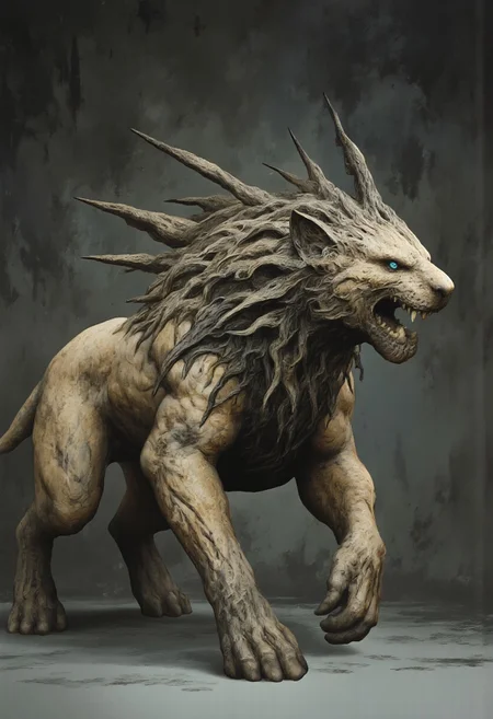 ghiblistyle, hkevil, MikeFranchinastyle, berserk style, Surreal art, d4artstyle, d4concept, , made of clay, Kentaro Miura, ZBClay model of a gray sculpture
a powerful, fearsome feline creature resembling a lion but with an intimidating, otherworldly twist. Its body is muscular and imposing, covered in dense, light tan fur that is accented by darker, sharp lines that trace along its shoulders, back, and limbs, giving a sense of both strength and wildness. The creature's face is human-like with piercing blue eyes that seem to glower with intelligence and aggression. Its mane is darker, almost black, forming a rough, spiky frame around its face and down its neck, contrasting with the lighter fur of its body. The creature's mouth is slightly open, revealing sharp, prominent fangs that enhance its menacing expression. The entire figure exudes a sense of disturbing, alien biology, as if adapted to a strange environment, with textures that resemble both decayed flesh and resilient, stretched hide. Set against a minimalist background to emphasize its unnatural form and grotesque anatomy.
Background solid color with a faded dimly lit, black-covered darkness tone that emphasizes its silhouette. The medium is not a traditional painting or illustrative medium like watercolor or ink but rather a digital rendering, eerie and unsettling.