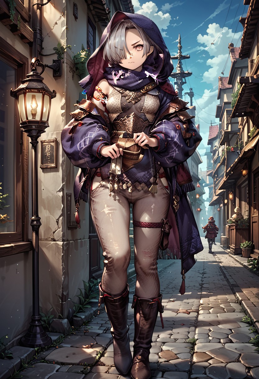 score_9, score_8_up, score_7_up,masterpiece,perfect face,high quality,highly detailed,high quality, source anime,high quality, source anime, 1girl, solo, hair over one eye, hood, backstreet, shadowlynx, pants, boots, down on her knees, old lamp, pupils