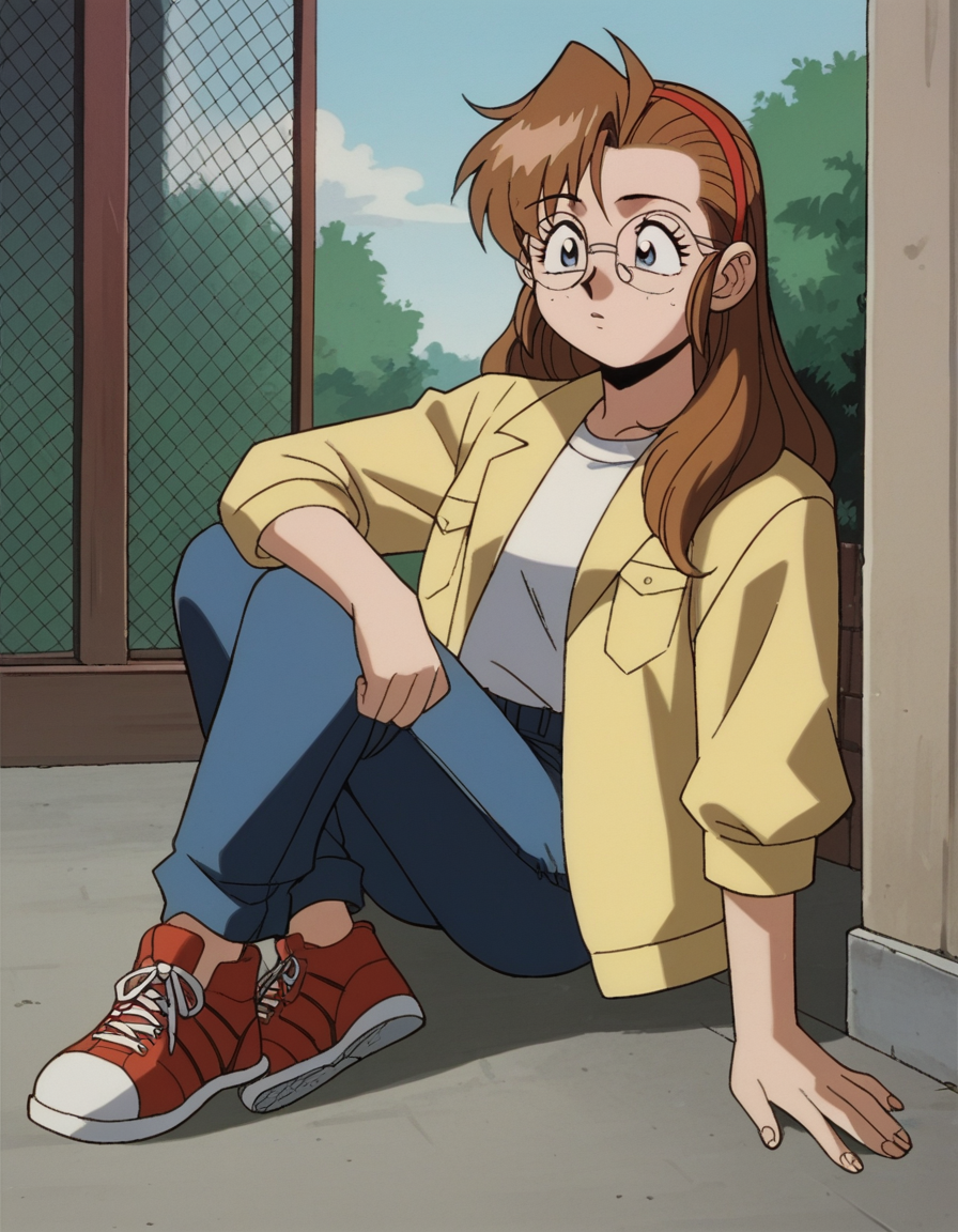 zPDXL, score_9, score_8_up, score_7_up, source_anime, 8k, absurdres, 1990s \(style\), retro artstyle, anime coloring, 
1girl, solo, <lora:Gunsmith_v3-20:1> gnsmth, becky, round eyewear, freckles, grey eyes, brown hair, long hair, yellow jacket, sleeves rolled up, blue pants, sneakers, white shirt,