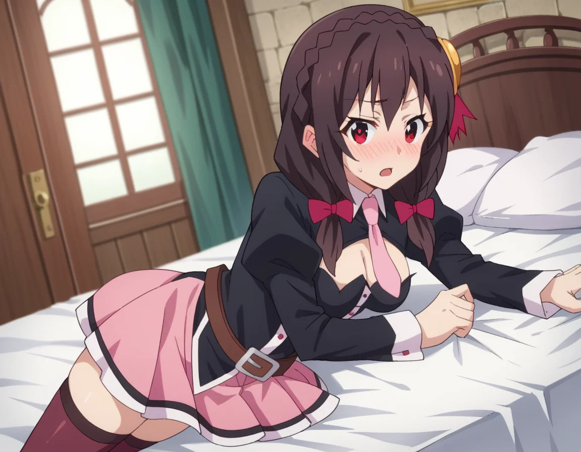 score_9, score_8_up, score_7_up, source_anime,
yunyun, <lora:konosuba-yunyun-s1s2-ponyxl-lora-nochekaiser:1>
yunyun, black hair, hair ornament, red eyes, bow, braid, crown braid,
skirt, thighhighs, long sleeves, necktie, belt, clothing cutout, cleavage cutout, pink skirt, pink necktie,
indoors, bed, bed room, on side, blush, drunk,
looking at viewer, dutch angle, cowboy shot,
