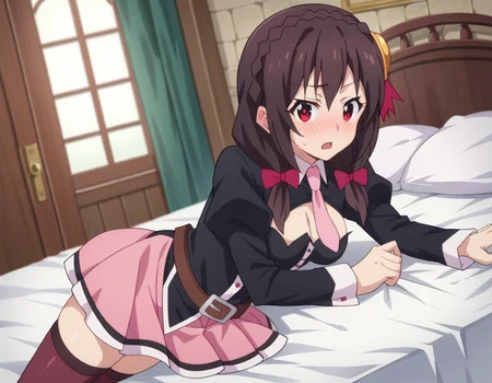 score_9, score_8_up, score_7_up, source_anime,
yunyun, <lora:konosuba-yunyun-s1s2-ponyxl-lora-nochekaiser:1>
yunyun, black hair, hair ornament, red eyes, bow, braid, crown braid,
skirt, thighhighs, long sleeves, necktie, belt, clothing cutout, cleavage cutout, pink skirt, pink necktie,
indoors, bed, bed room, on side, blush, drunk,
looking at viewer, dutch angle, cowboy shot,