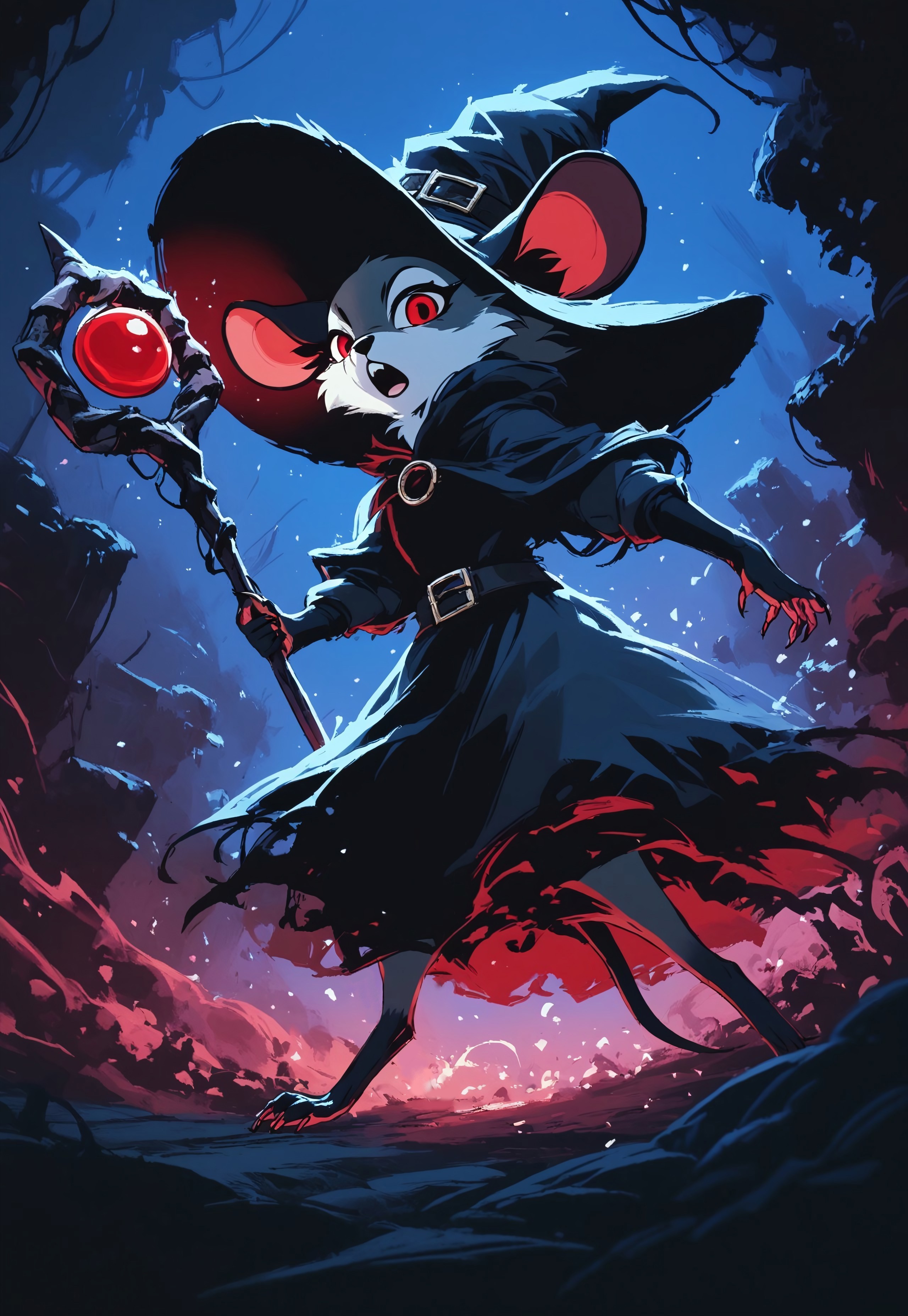 score_9, score_8_up, score_8, solo, (fluffy:0.8), (feral), furry, (((mouse))), female, claws, (fluffy cheeks:0.7), (black dress), grey fur, black ears, red eyes, look at viewer, (solo), j_cartoon, aesthetic, dramatic angle, unique perspective, unique angle, dynamic pose, action pose, night, dark, swamp, (witch hat), (hold magical staff:1.5), (evil expression), monochromemuse, monochrome, greyscale, j_cartoon, (open mouth), look at viewer, arkane_dark, magic, InkBlast